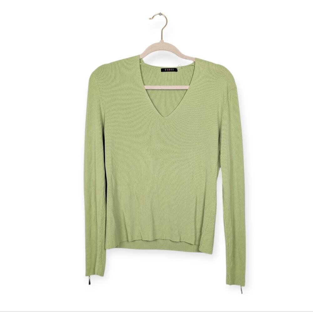 Cyrus Rib Knit Top L Pistachio Green V Neck Zip Front Long Sleeve Casual